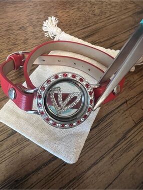 Origami Owl Red Leather Wrap Bracelet with Crystal Locket